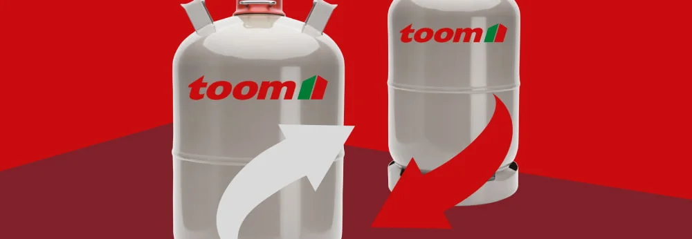 Zwei toom Gasflaschen mit Pfeilen für den Austausch-Service.